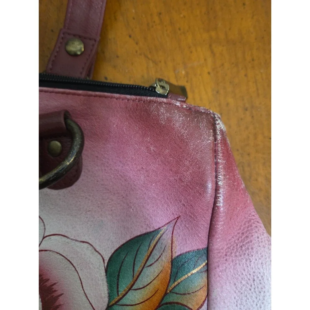 Anuschka Anna Hand Painted Leather Shoulder Bag Purse Precious Peony Pink Maroon